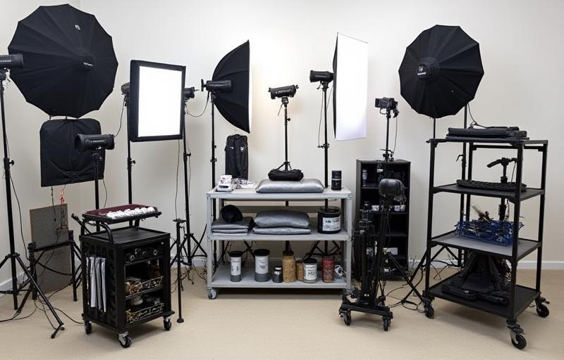 Selection of professional photography studio lighting and equipment.