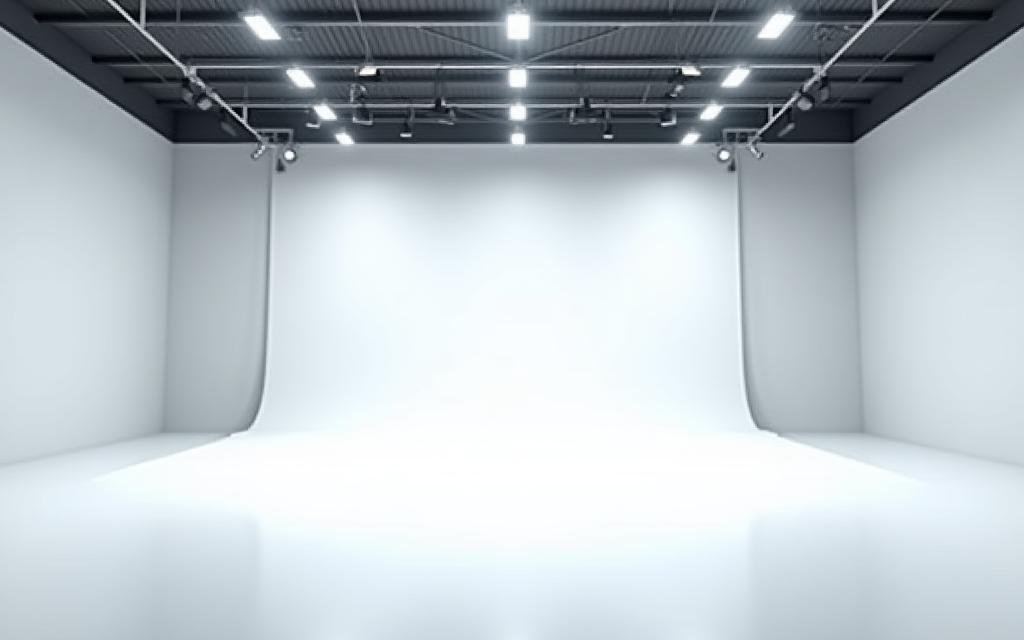 Wide shot of a well-lit, modern photography studio space